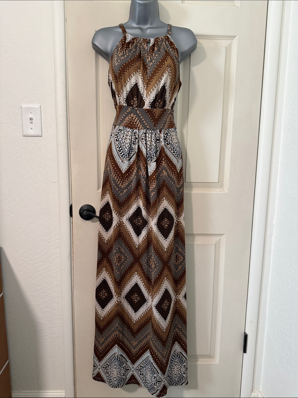 Susan Bristol Brown and Cream Geo Halter Maxi Dress
